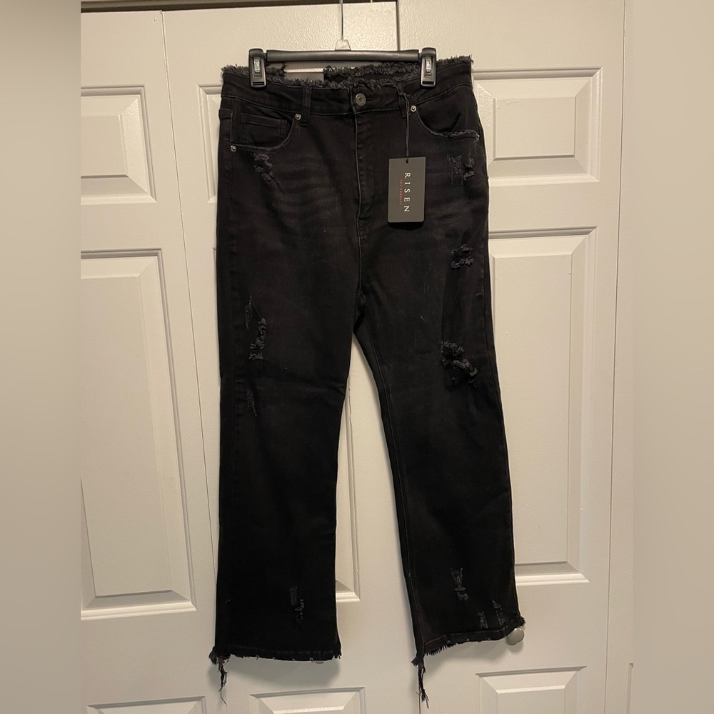 Cropped Straight Leg Distressed Black Jeans